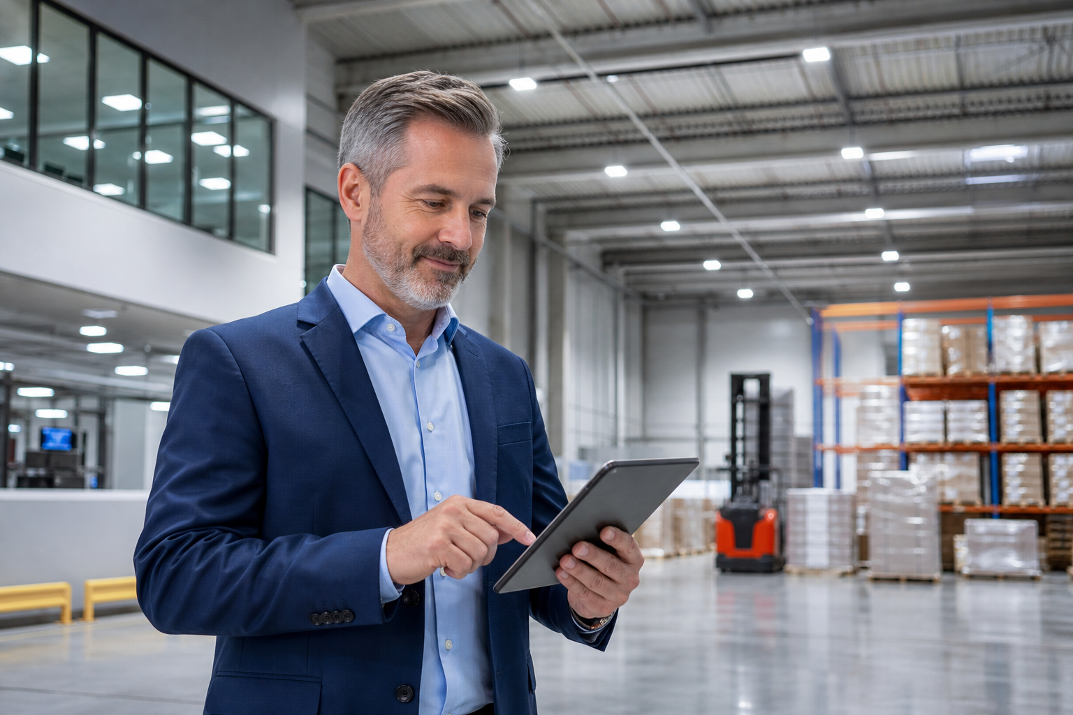 commercial facility manager reviewing LED lighting energy savings and ROI opportunities