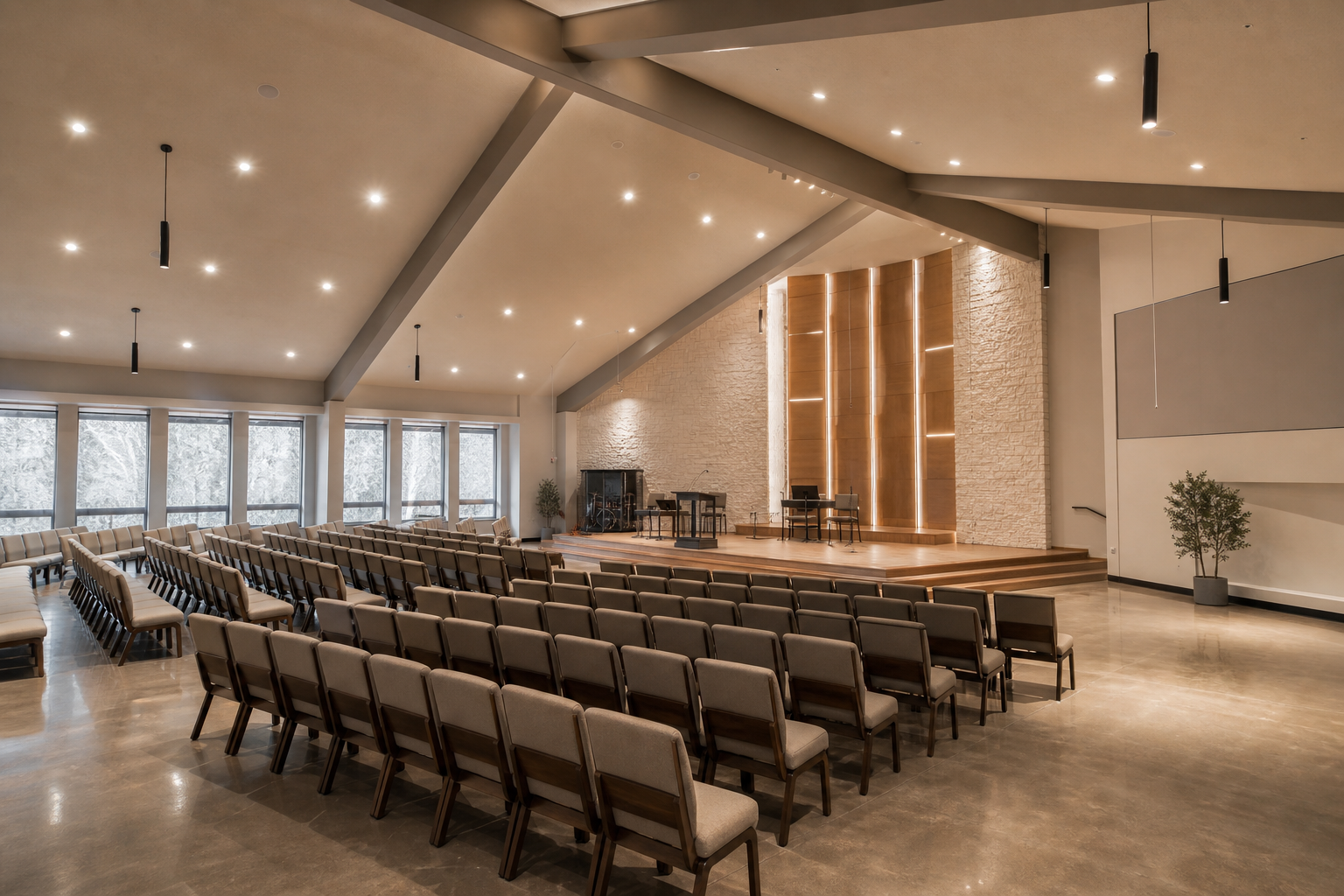 modern church sanctuary with energy efficient LED lighting improving visibility safety and worship experience