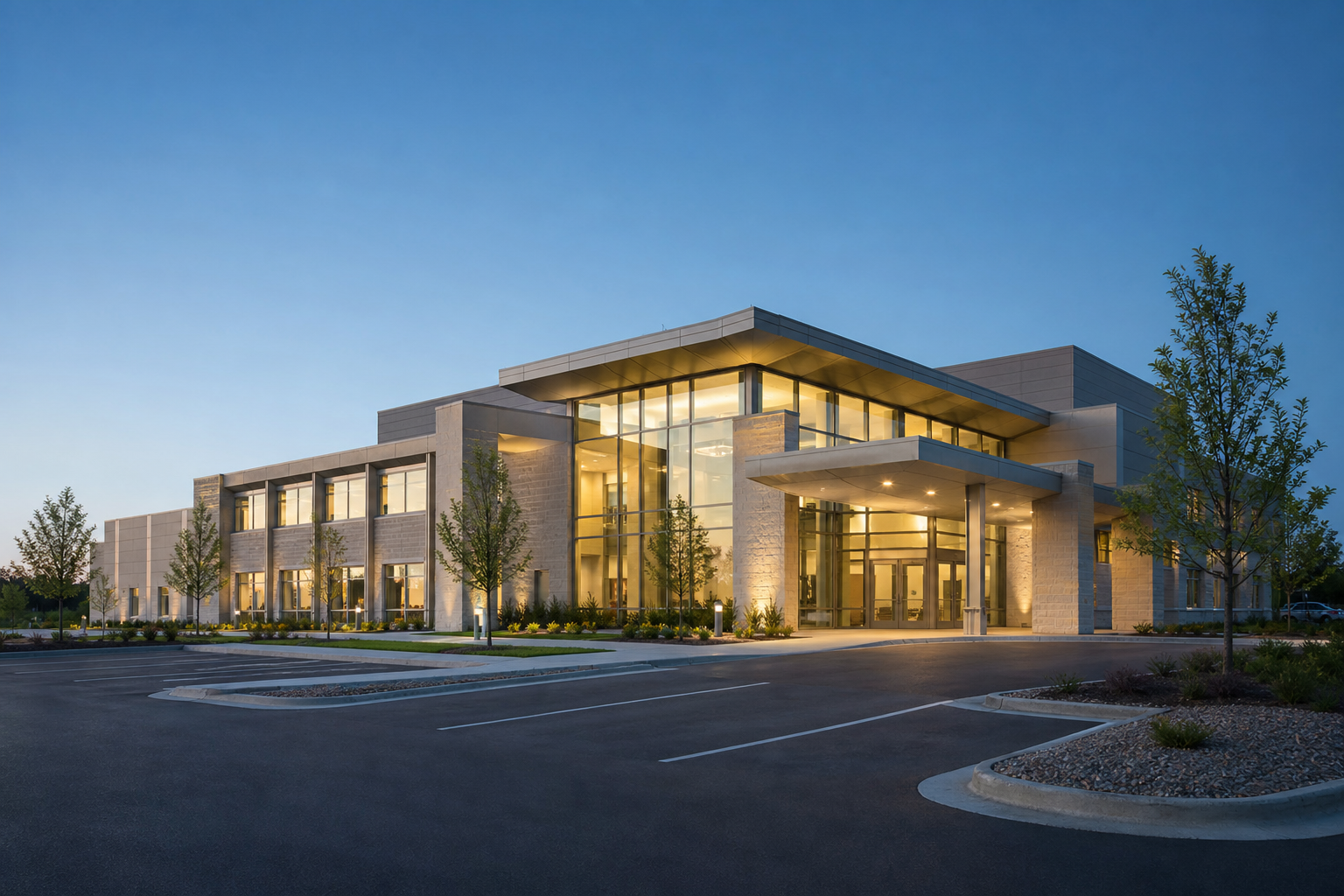 Modern municipal government building exterior with energy-efficient LED lighting reducing operating costs and improving safety