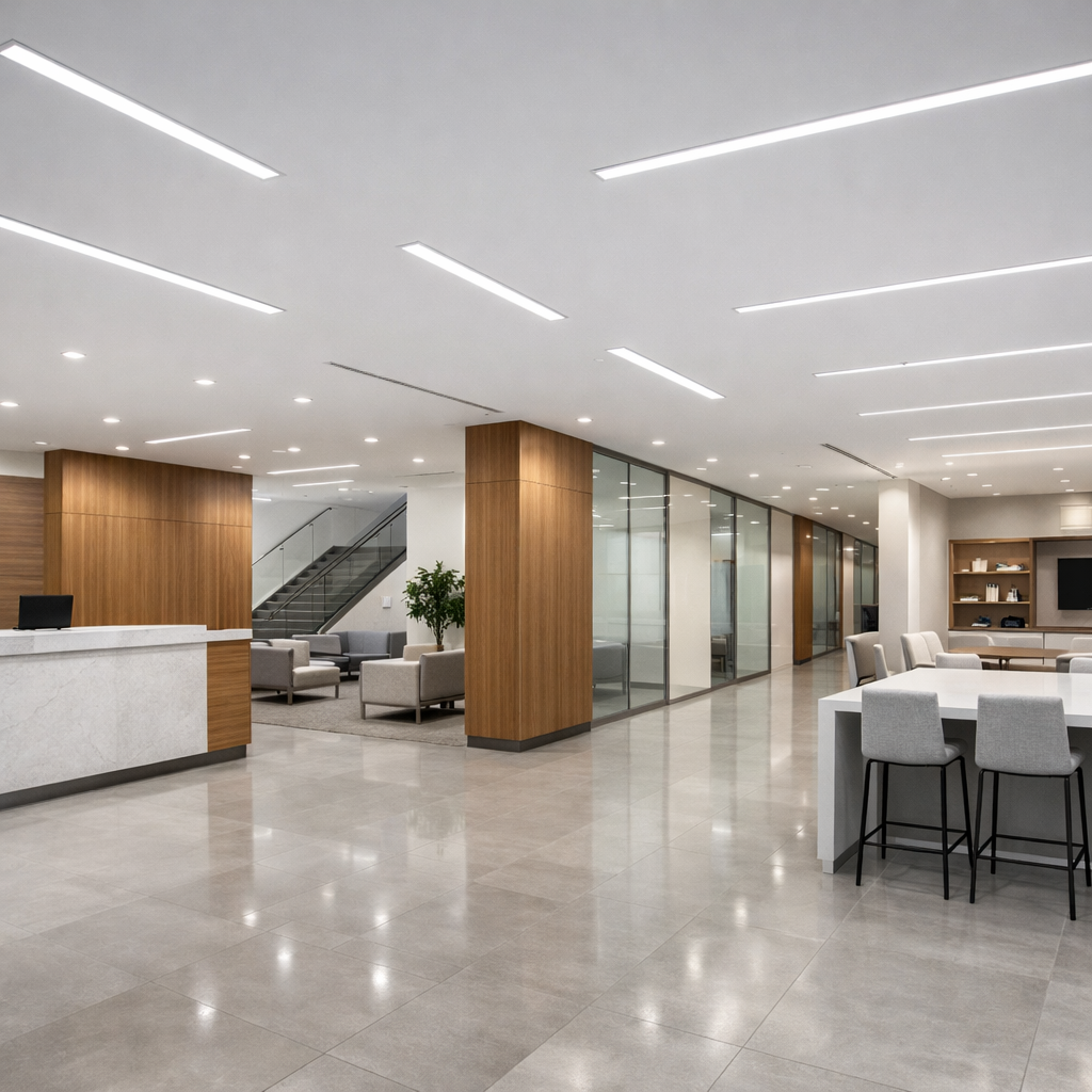 modern office building interior with energy efficient LED lighting improving tenant experience safety and operational efficiency